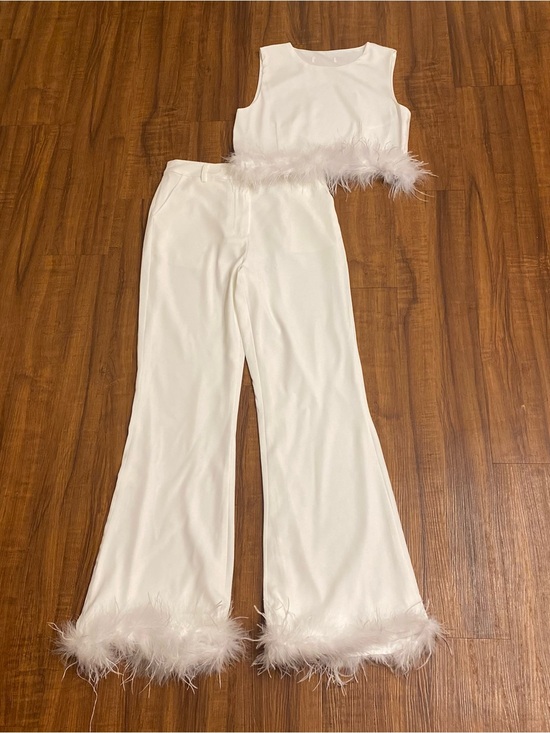 Pants - White Feather Trim Two-Piece Set - Crop Top & Flared Pants
